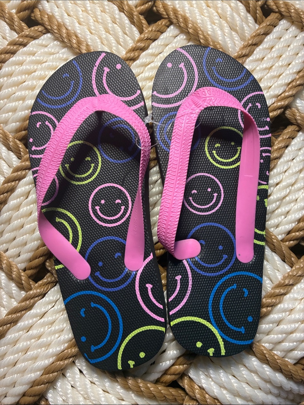 Kids Black Flip Flops with Pink Straps and Neon Smile Prints (NWOT)